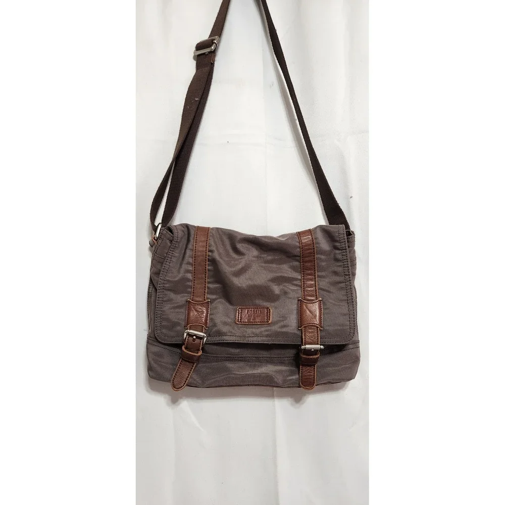 Fossil Canyon Brown Nylon Leather Trim Messenger Bag Crossbody Utility Travel